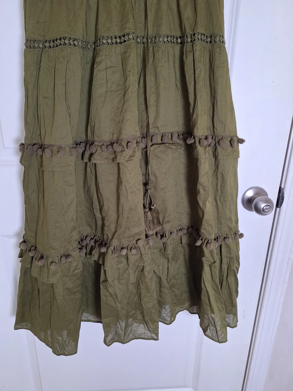 J.Crew Women's Olive Green Tiered Midi Dress Flutter Sleeve Pom Pom Trim Size 10